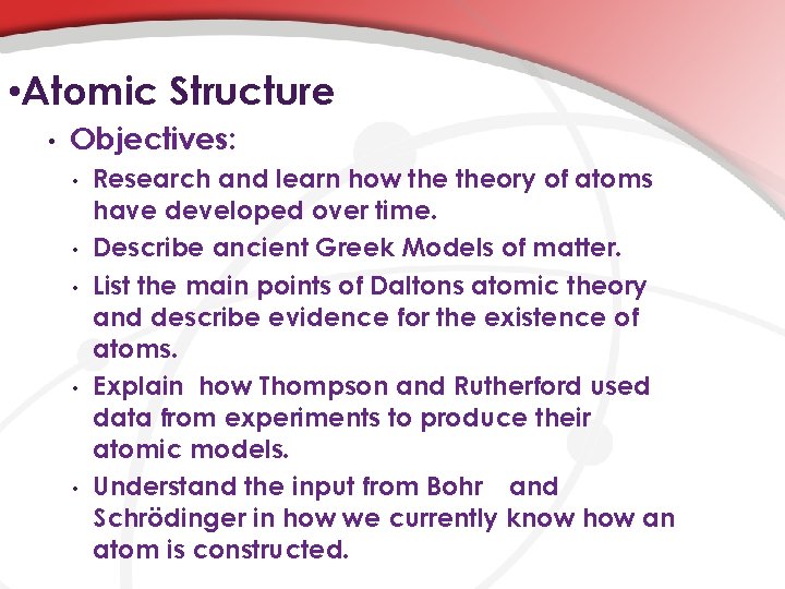  • Atomic Structure • Objectives: • • • Research and learn how theory