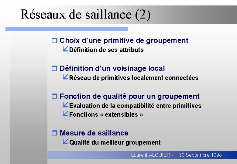 Réseaux de saillance (2) r Choix d’une primitive de groupement åDéfinition de ses attributs