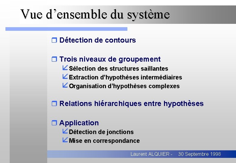 Vue d’ensemble du système r Détection de contours r Trois niveaux de groupement åSélection