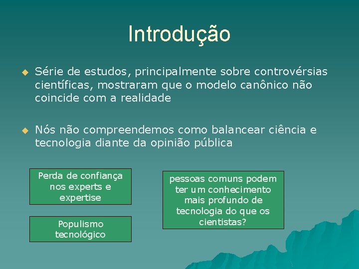 Introdução u Série de estudos, principalmente sobre controvérsias científicas, mostraram que o modelo canônico