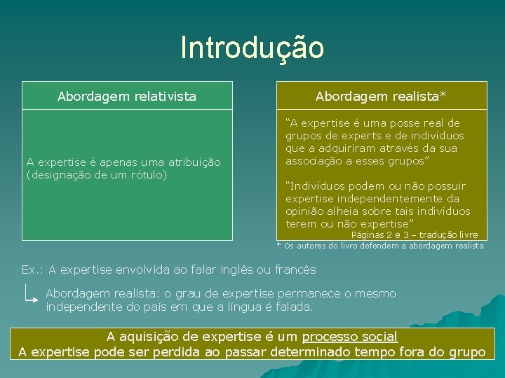 Introdução Abordagem relativista A expertise é apenas uma atribuição (designação de um rótulo) Abordagem