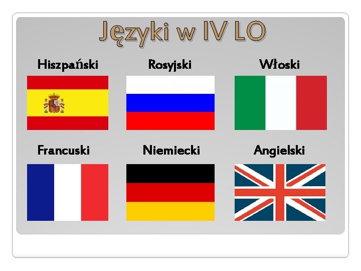 Języki w IV LO Hiszpański Francuski Rosyjski Włoski Niemiecki Angielski 