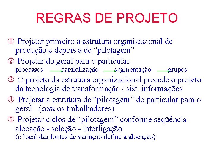 REGRAS DE PROJETO Projetar primeiro a estrutura organizacional de produção e depois a de REGRAS DE PROJETO Projetar primeiro a estrutura organizacional de produção e depois a de