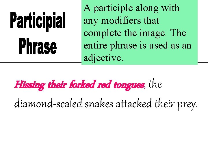 A participle along with any modifiers that complete the image. The entire phrase is A participle along with any modifiers that complete the image. The entire phrase is