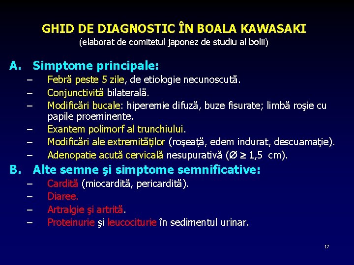 GHID DE DIAGNOSTIC ÎN BOALA KAWASAKI (elaborat de comitetul japonez de studiu al bolii)