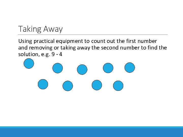 Taking Away Using practical equipment to count out the first number and removing or