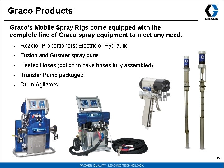 Graco Products Graco’s Mobile Spray Rigs come equipped with the complete line of Graco