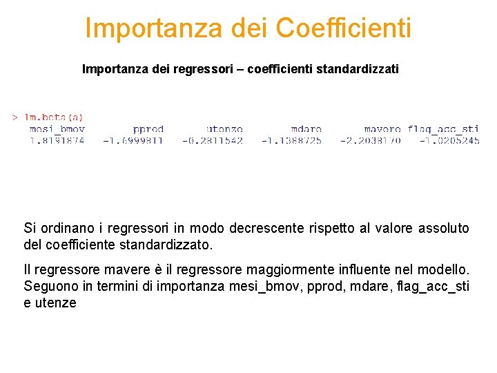 Importanza dei Coefficienti Importanza dei regressori – coefficienti standardizzati Si ordinano i regressori in