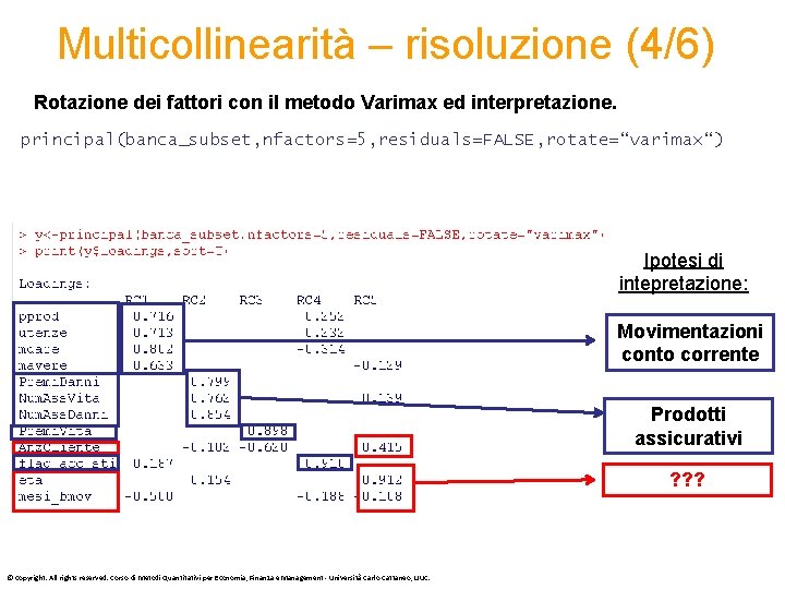 Multicollinearità – risoluzione (4/6) Rotazione dei fattori con il metodo Varimax ed interpretazione. principal(banca_subset,