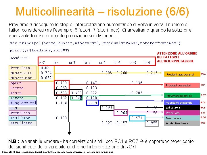 Multicollinearità – risoluzione (6/6) Proviamo a rieseguire lo step di interpretazione aumentando di volta