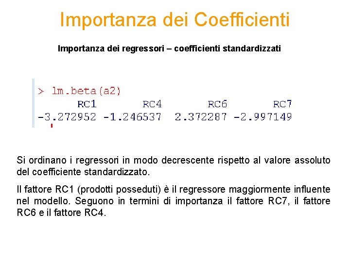 Importanza dei Coefficienti Importanza dei regressori – coefficienti standardizzati Si ordinano i regressori in