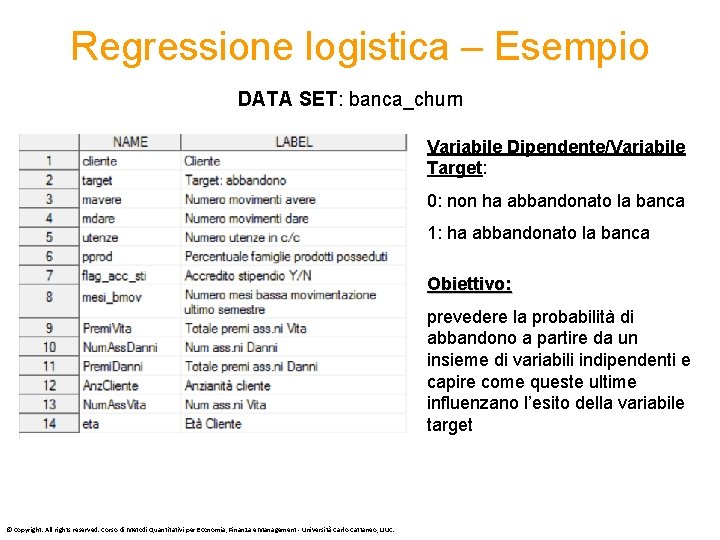 Regressione logistica – Esempio DATA SET: banca_churn Variabile Dipendente/Variabile Target: 0: non ha abbandonato