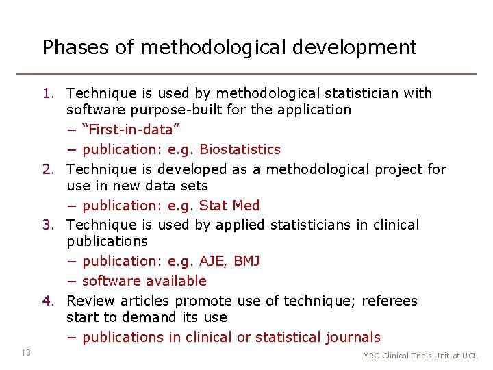 Phases of methodological development 1. Technique is used by methodological statistician with software purpose-built