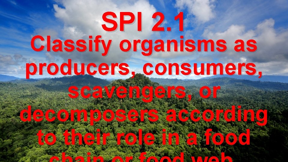 SPI 2. 1 Classify organisms as producers, consumers, scavengers, or decomposers according to their