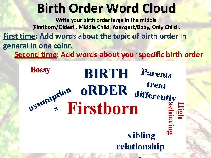 Birth Order Word Cloud Write your birth order large in the middle (Firstborn/Oldest ,