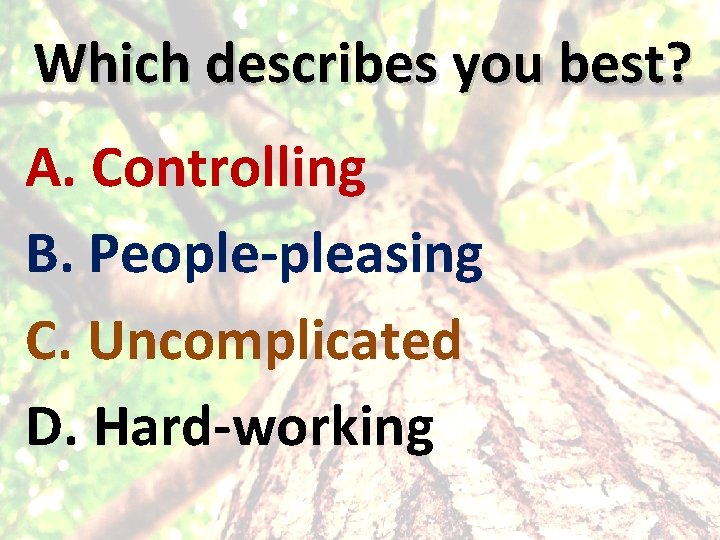 Which describes you best? A. Controlling B. People-pleasing C. Uncomplicated D. Hard-working 