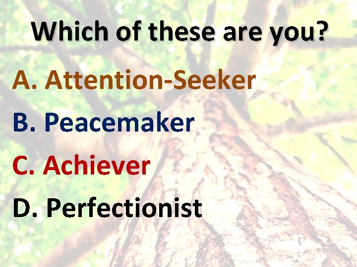 Which of these are you? A. Attention-Seeker B. Peacemaker C. Achiever D. Perfectionist 