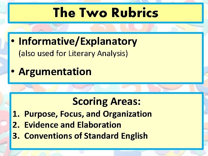 The Two Rubrics • Informative/Explanatory (also used for Literary Analysis) • Argumentation Scoring Areas: