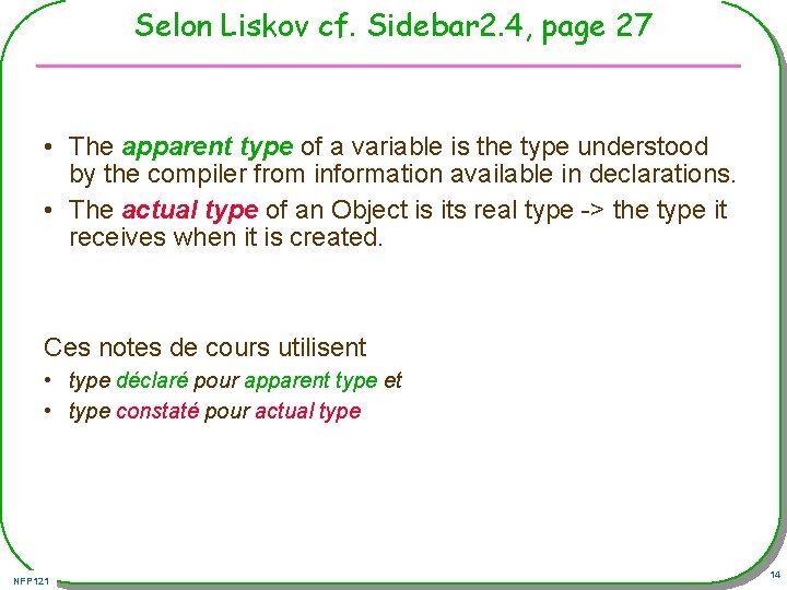 Selon Liskov cf. Sidebar 2. 4, page 27 • The apparent type of a