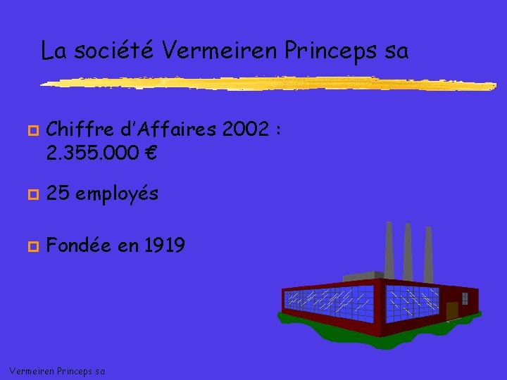 La société Vermeiren Princeps sa p Chiffre d’Affaires 2002 : 2. 355. 000 €