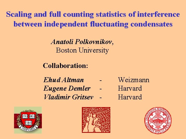 Scaling and full counting statistics of interference between independent fluctuating condensates Anatoli Polkovnikov, Boston