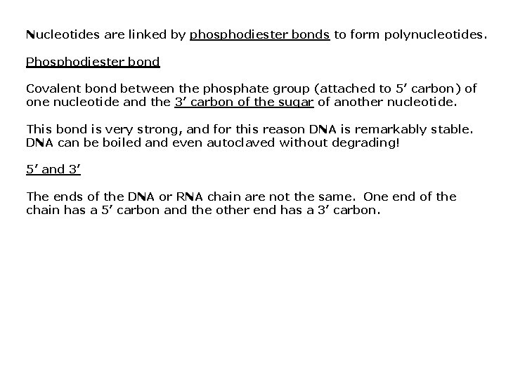 Nucleotides are linked by phosphodiester bonds to form polynucleotides. Phosphodiester bond Covalent bond between