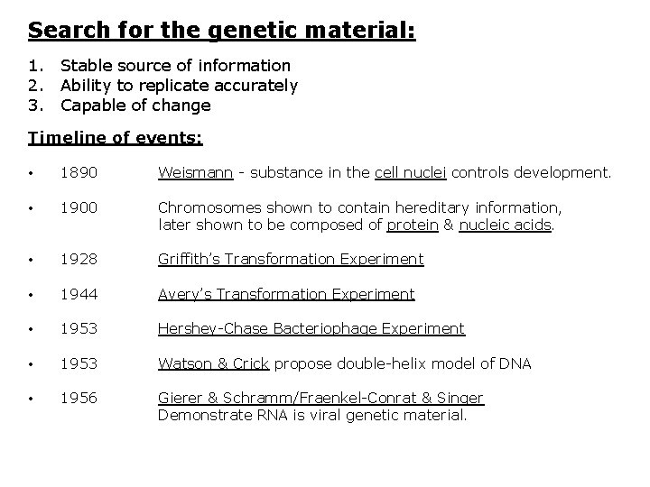 Search for the genetic material: 1. Stable source of information 2. Ability to replicate