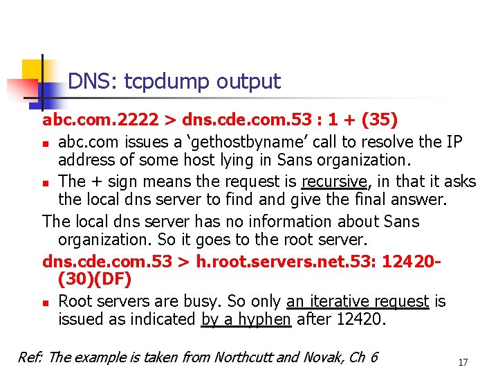 DNS: tcpdump output abc. com. 2222 > dns. cde. com. 53 : 1 +