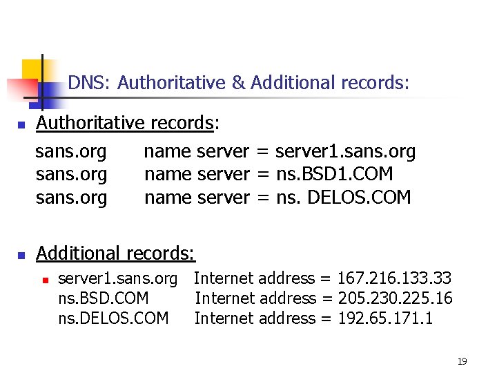DNS: Authoritative & Additional records: Authoritative records: sans. org name server = server 1.