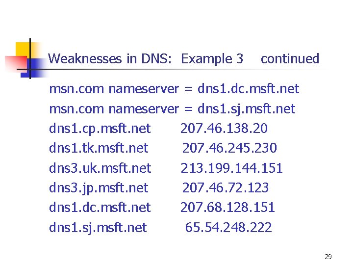 Weaknesses in DNS: Example 3 continued msn. com nameserver = dns 1. dc. msft.
