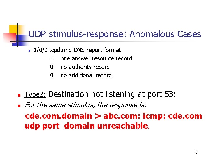 UDP stimulus-response: Anomalous Cases 1/0/0 tcpdump DNS report format 1 one answer resource record