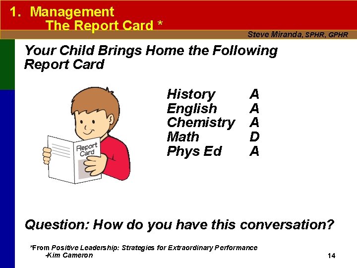 1. Management The Report Card * Steve Miranda, SPHR, GPHR Your Child Brings Home