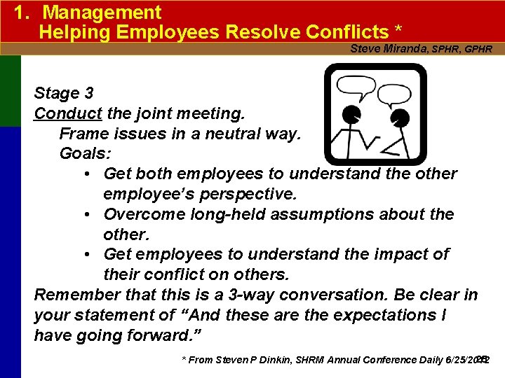 1. Management Helping Employees Resolve Conflicts * Steve Miranda, SPHR, GPHR Stage 3 Conduct