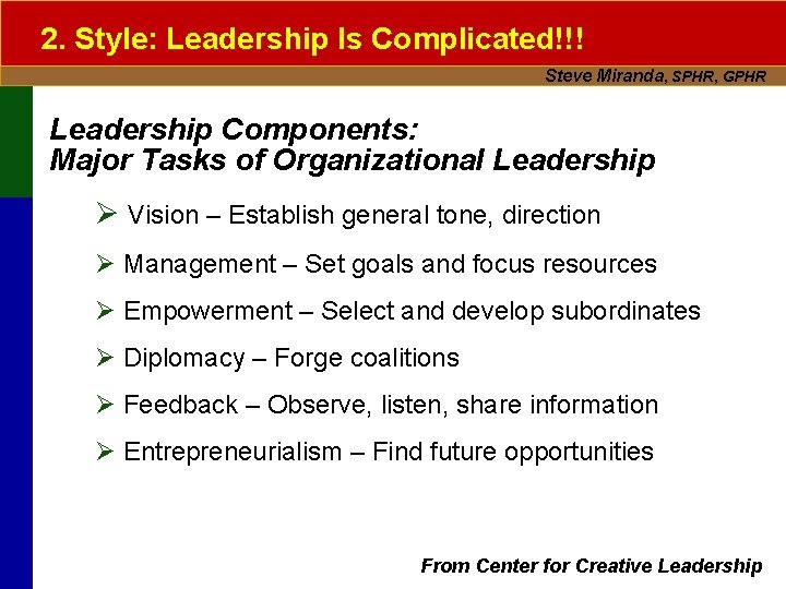 2. Style: Leadership Is Complicated!!! Steve Miranda, SPHR, GPHR Leadership Components: Major Tasks of