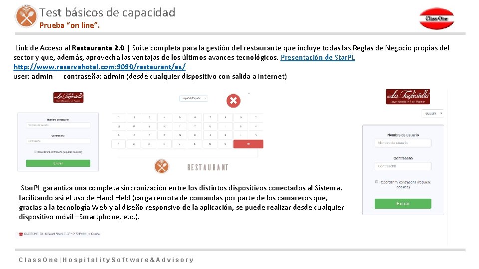 Test básicos de capacidad Prueba “on line”. Link de Acceso al Restaurante 2. 0