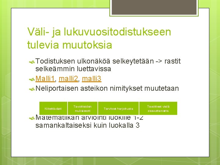 Väli- ja lukuvuositodistukseen tulevia muutoksia Todistuksen ulkonäköä selkeytetään -> rastit selkeämmin luettavissa Malli 1,