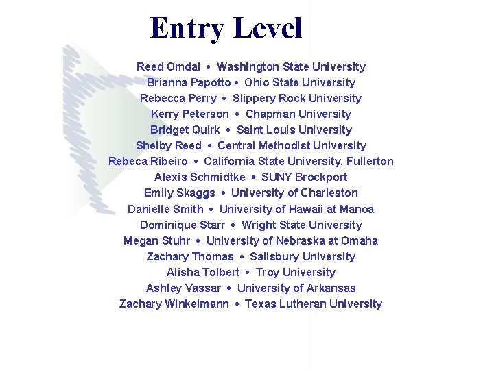 Entry Level Reed Omdal • Washington State University Brianna Papotto • Ohio State University