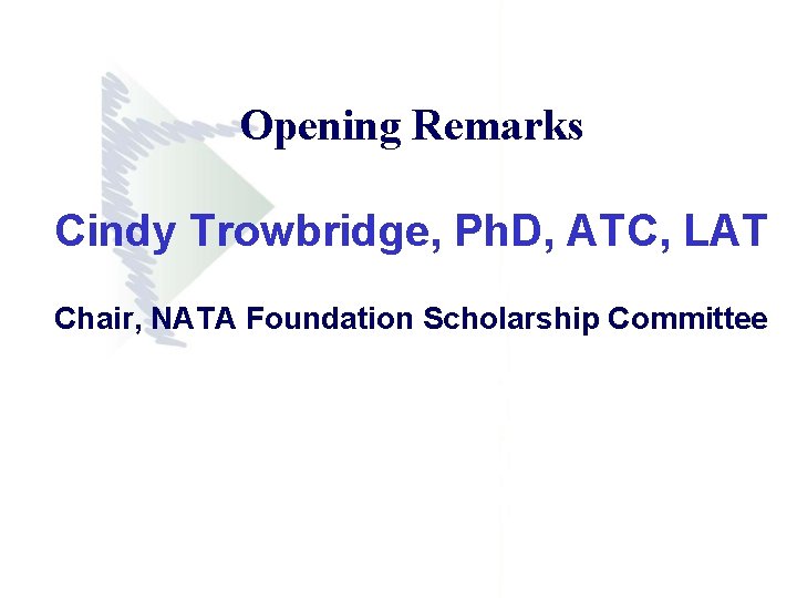 Opening Remarks Cindy Trowbridge, Ph. D, ATC, LAT Chair, NATA Foundation Scholarship Committee 