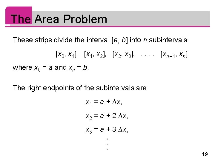 The Area Problem These strips divide the interval [a, b] into n subintervals [x