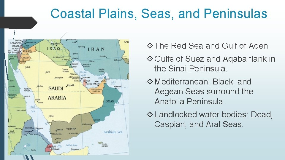 Coastal Plains, Seas, and Peninsulas The Red Sea and Gulf of Aden. Gulfs of