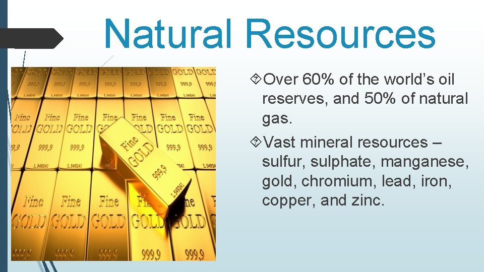 Natural Resources Over 60% of the world’s oil reserves, and 50% of natural gas.