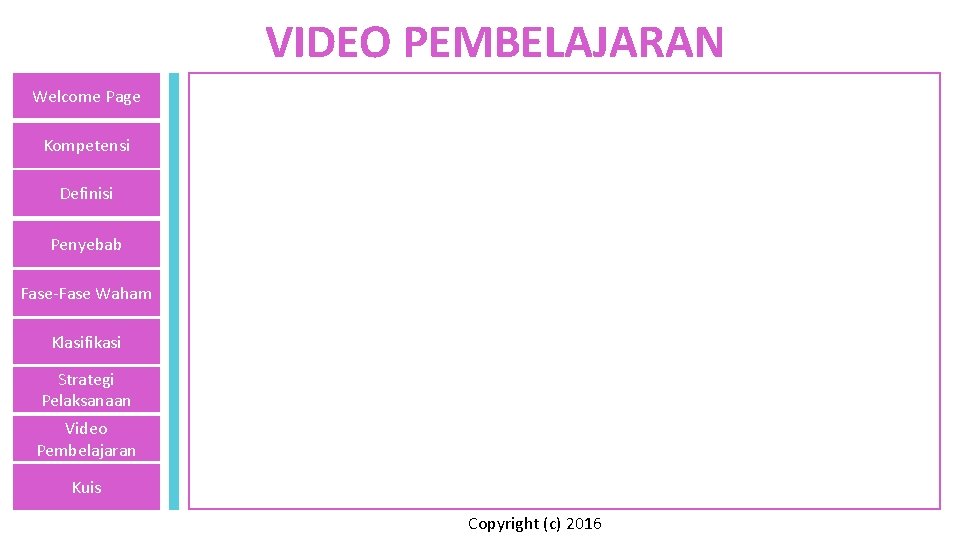 VIDEO PEMBELAJARAN Welcome Page Kompetensi Definisi Penyebab Fase-Fase Waham Klasifikasi Strategi Pelaksanaan Video Pembelajaran