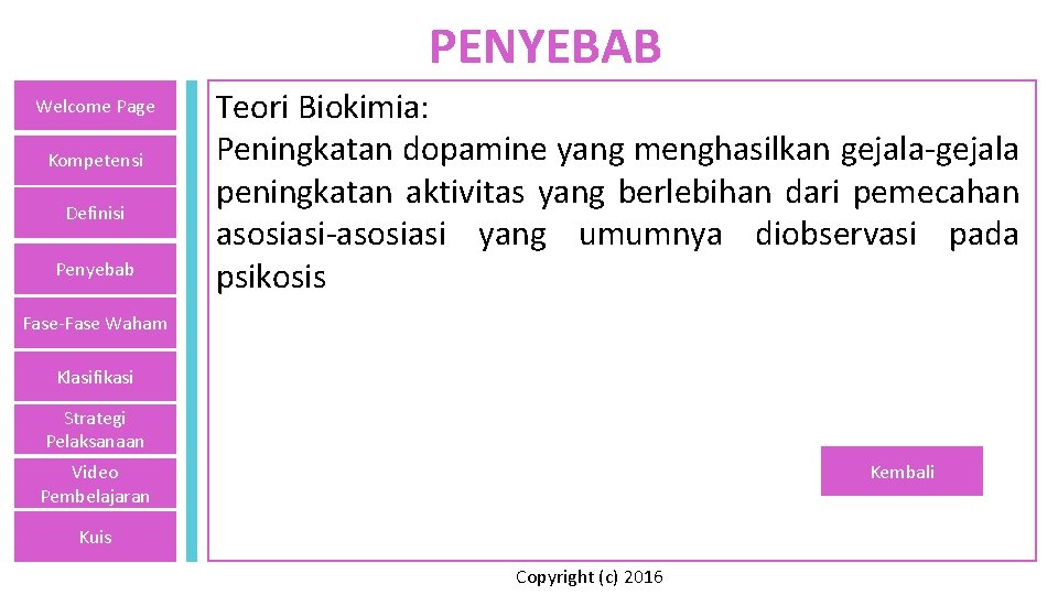 PENYEBAB Welcome Page Kompetensi Definisi Penyebab Teori Biokimia: Peningkatan dopamine yang menghasilkan gejala-gejala peningkatan