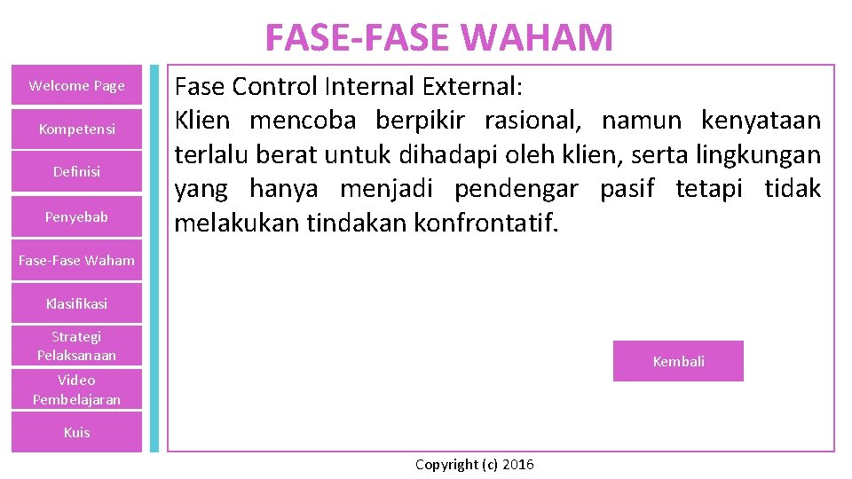 FASE-FASE WAHAM Welcome Page Kompetensi Definisi Penyebab Fase Control Internal External: Klien mencoba berpikir