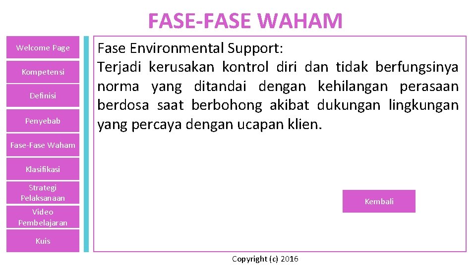 FASE-FASE WAHAM Welcome Page Kompetensi Definisi Penyebab Fase Environmental Support: Terjadi kerusakan kontrol diri
