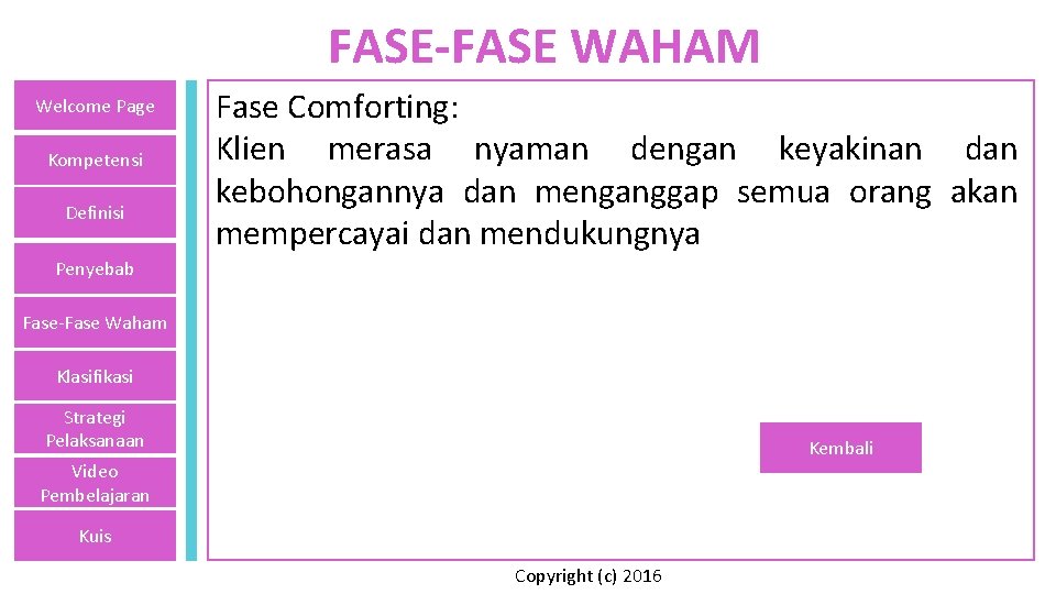 FASE-FASE WAHAM Welcome Page Kompetensi Definisi Fase Comforting: Klien merasa nyaman dengan keyakinan dan