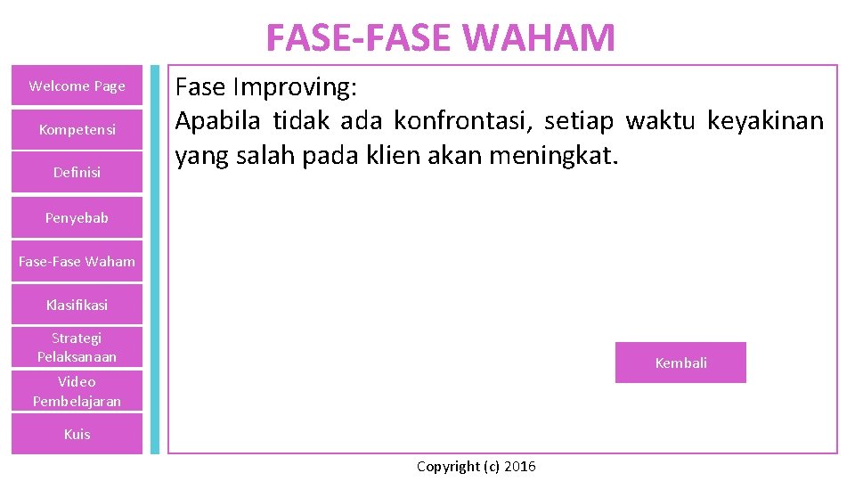 FASE-FASE WAHAM Welcome Page Kompetensi Definisi Fase Improving: Apabila tidak ada konfrontasi, setiap waktu