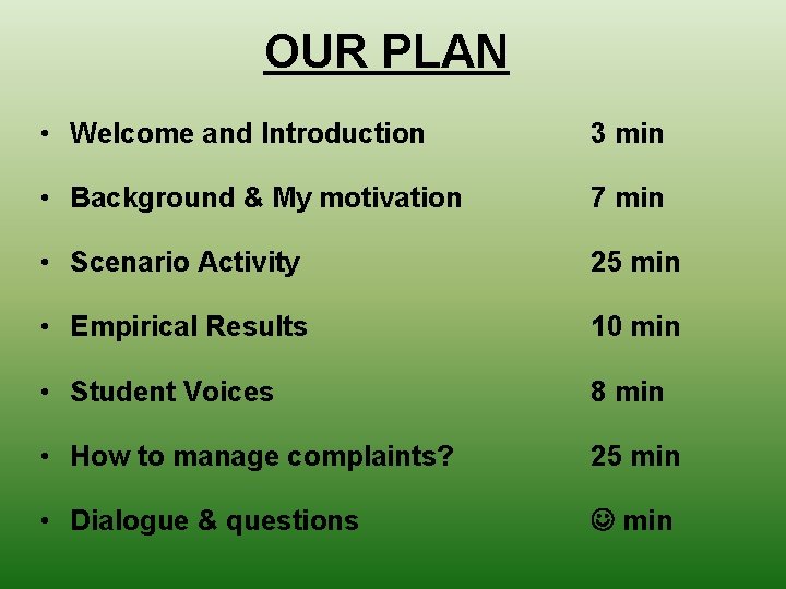 OUR PLAN • Welcome and Introduction 3 min • Background & My motivation 7