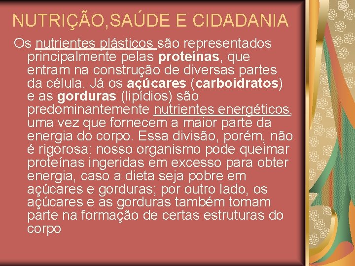 NUTRIÇÃO, SAÚDE E CIDADANIA Os nutrientes plásticos são representados principalmente pelas proteínas, que entram