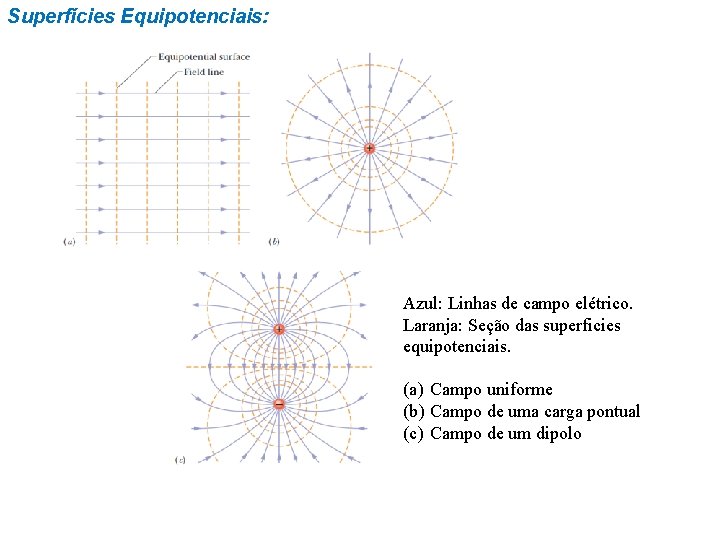 Superfícies Equipotenciais: Azul: Linhas de campo elétrico. Laranja: Seção das superficies equipotenciais. (a) Campo Superfícies Equipotenciais: Azul: Linhas de campo elétrico. Laranja: Seção das superficies equipotenciais. (a) Campo